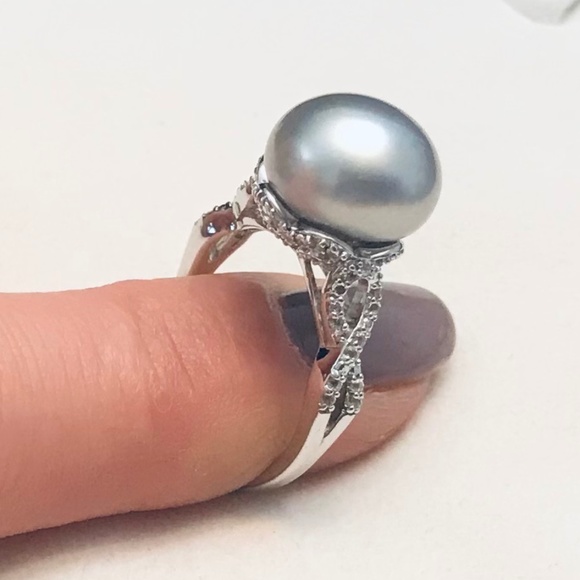 Genuine Cultured Grey Pearl & Zircon Princess Ring - Picture 9 of 11